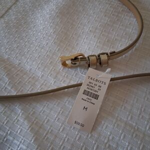 Talbots Slim Taupe Leather Belt with Gold Buckle